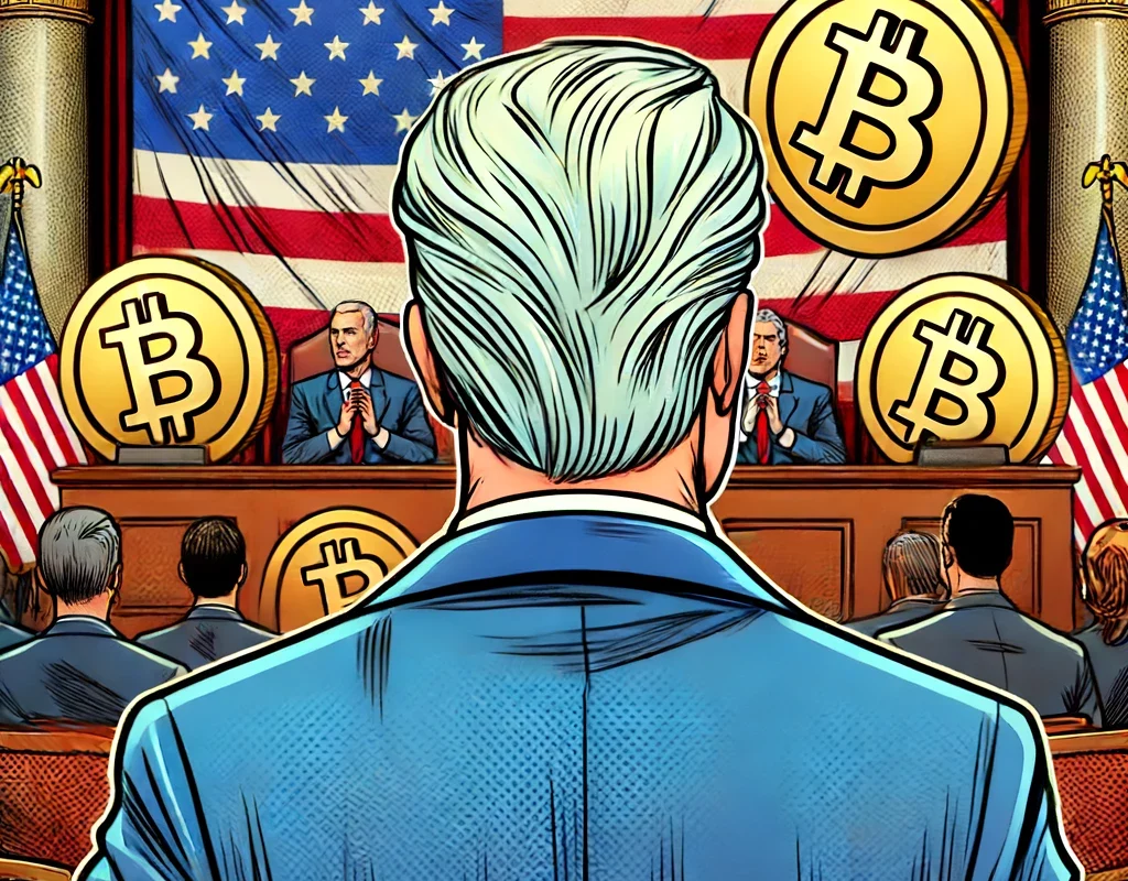 DALL·E 2024-06-13 11.54.58 - A comic-style image of the American President with white hair seen from the back, standing in front of an assembly. Bitcoin flags are visible around,